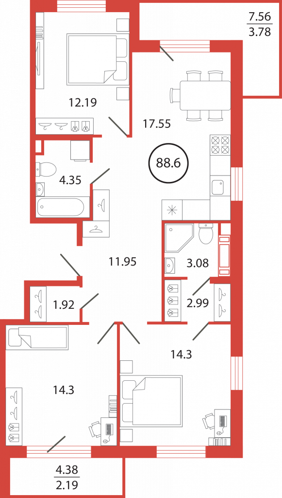 3-комнатная квартира 88.6 м2, 4-й этаж