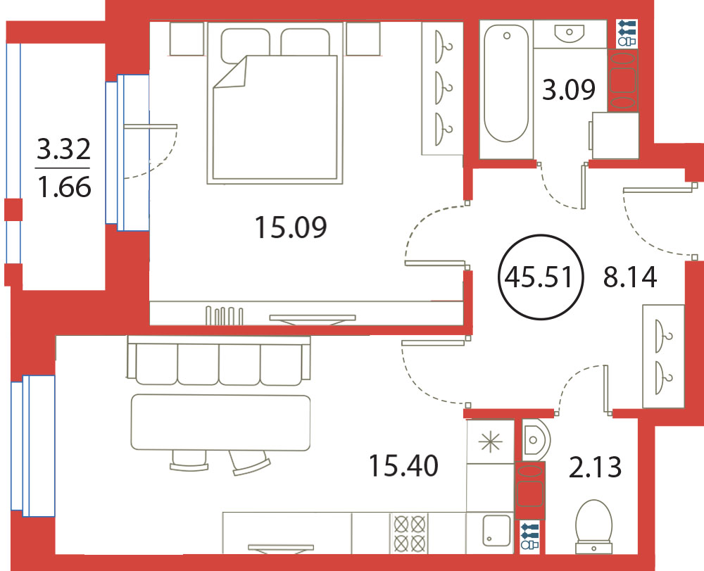 1-комнатная квартира 45.51 м2, 11-й этаж