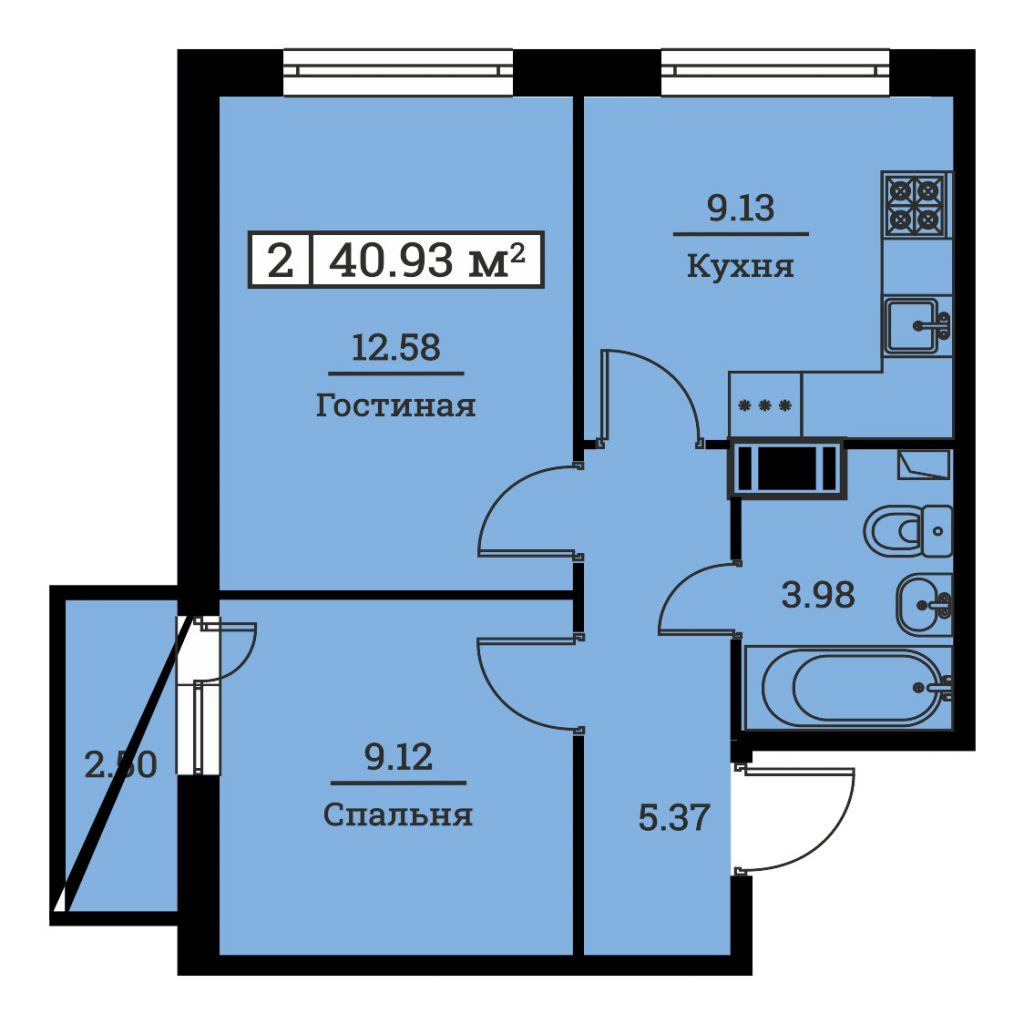 2-комнатная квартира 40.93 м2, 16-й этаж