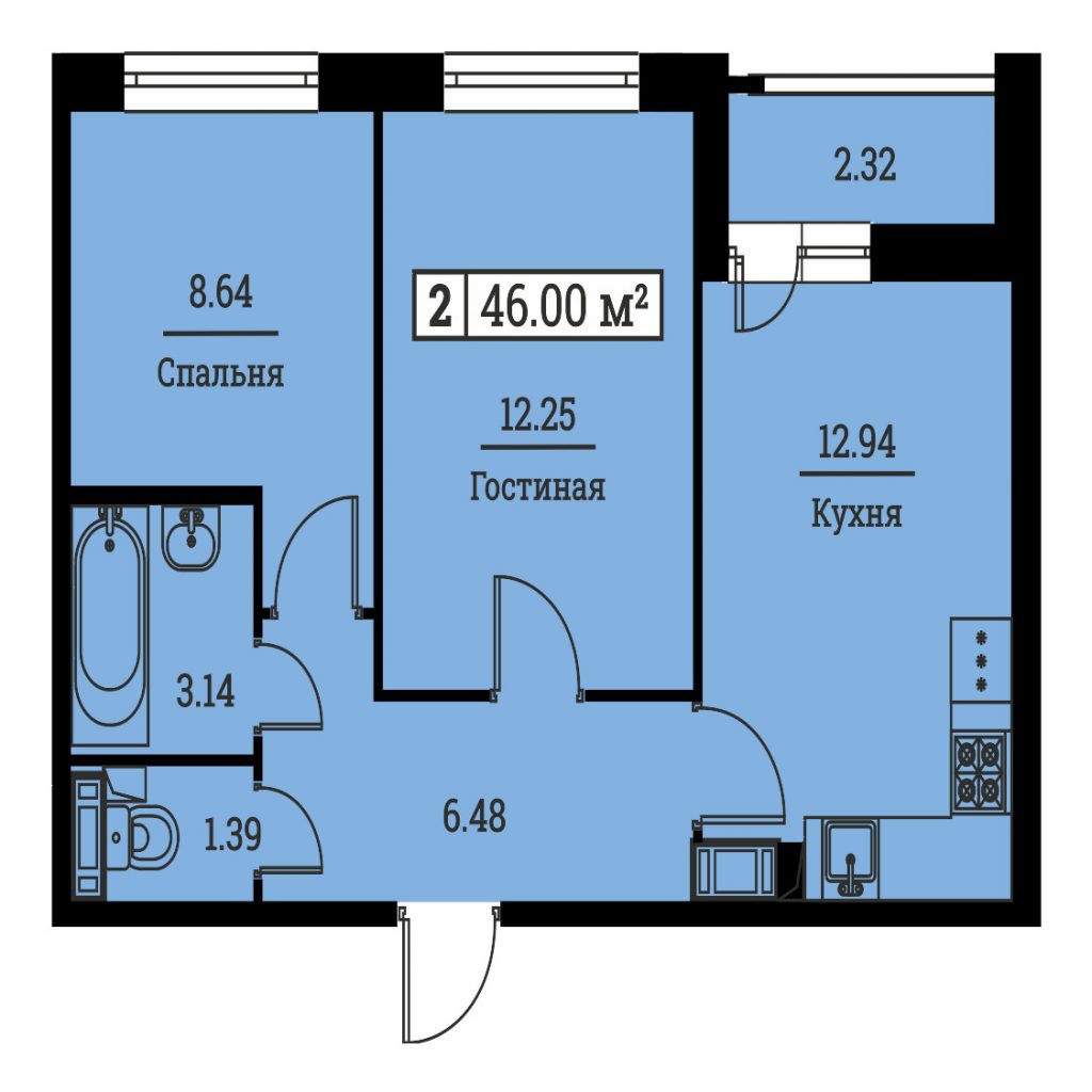 2-комнатная квартира 46 м2, 16-й этаж
