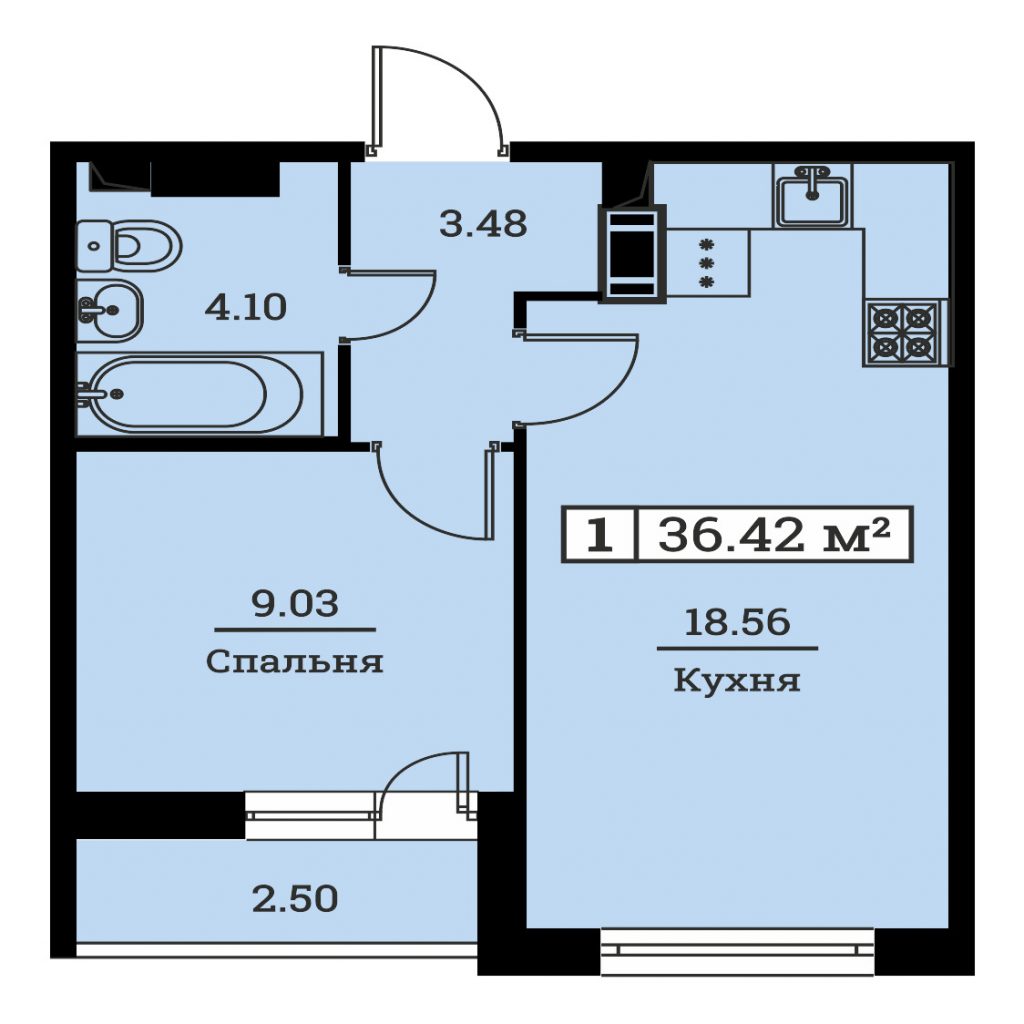 1-комнатная квартира 36.42 м2, 16-й этаж