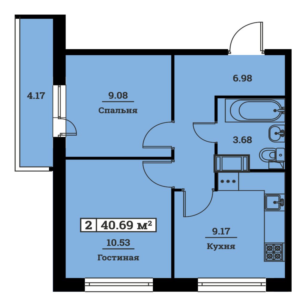 2-комнатная квартира 40.69 м2, 9-й этаж