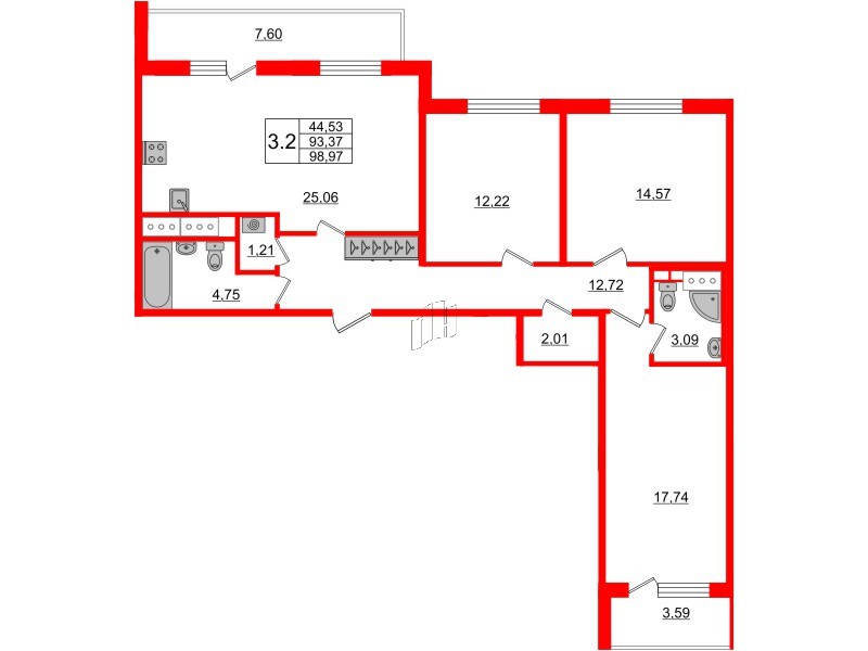 3-комнатная квартира 91.8 м2, 4-й этаж