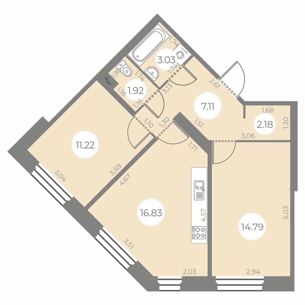 2-комнатная квартира 57.08 м2, 2-й этаж
