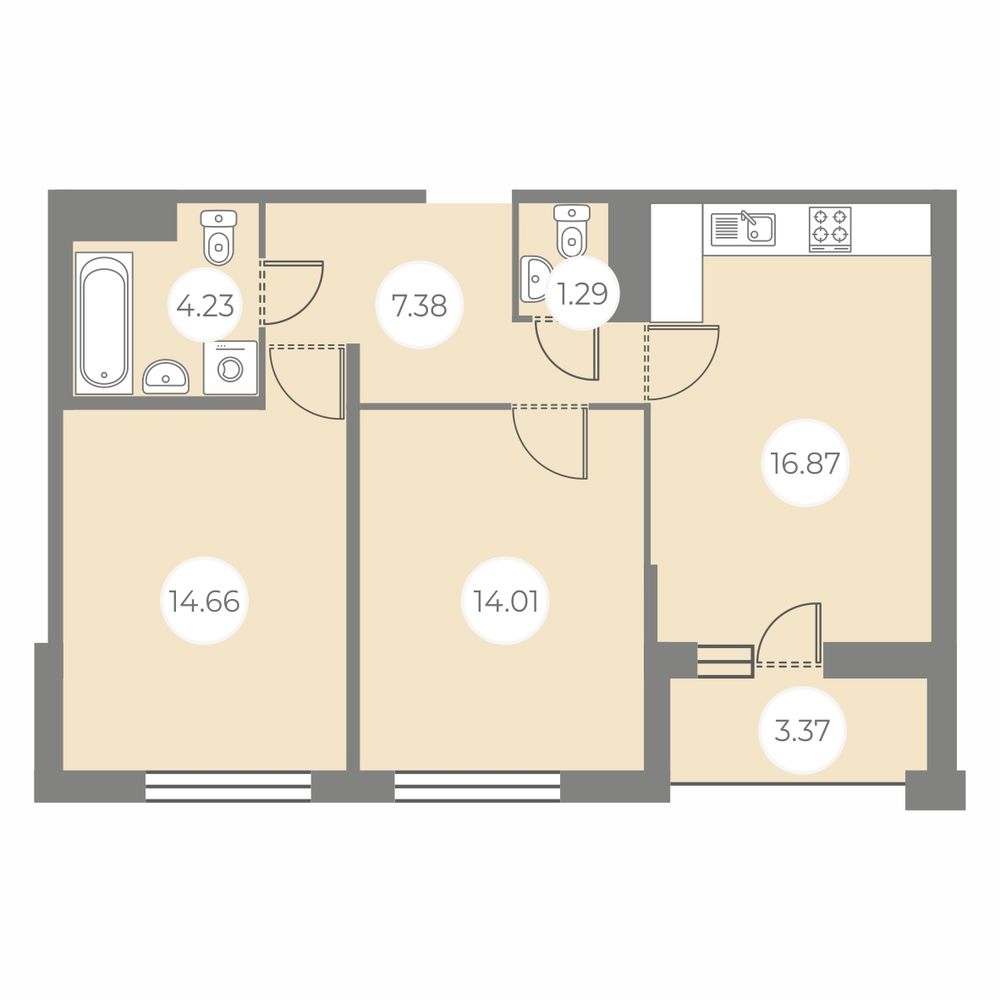2-комнатная квартира 60.13 м2, 2-й этаж
